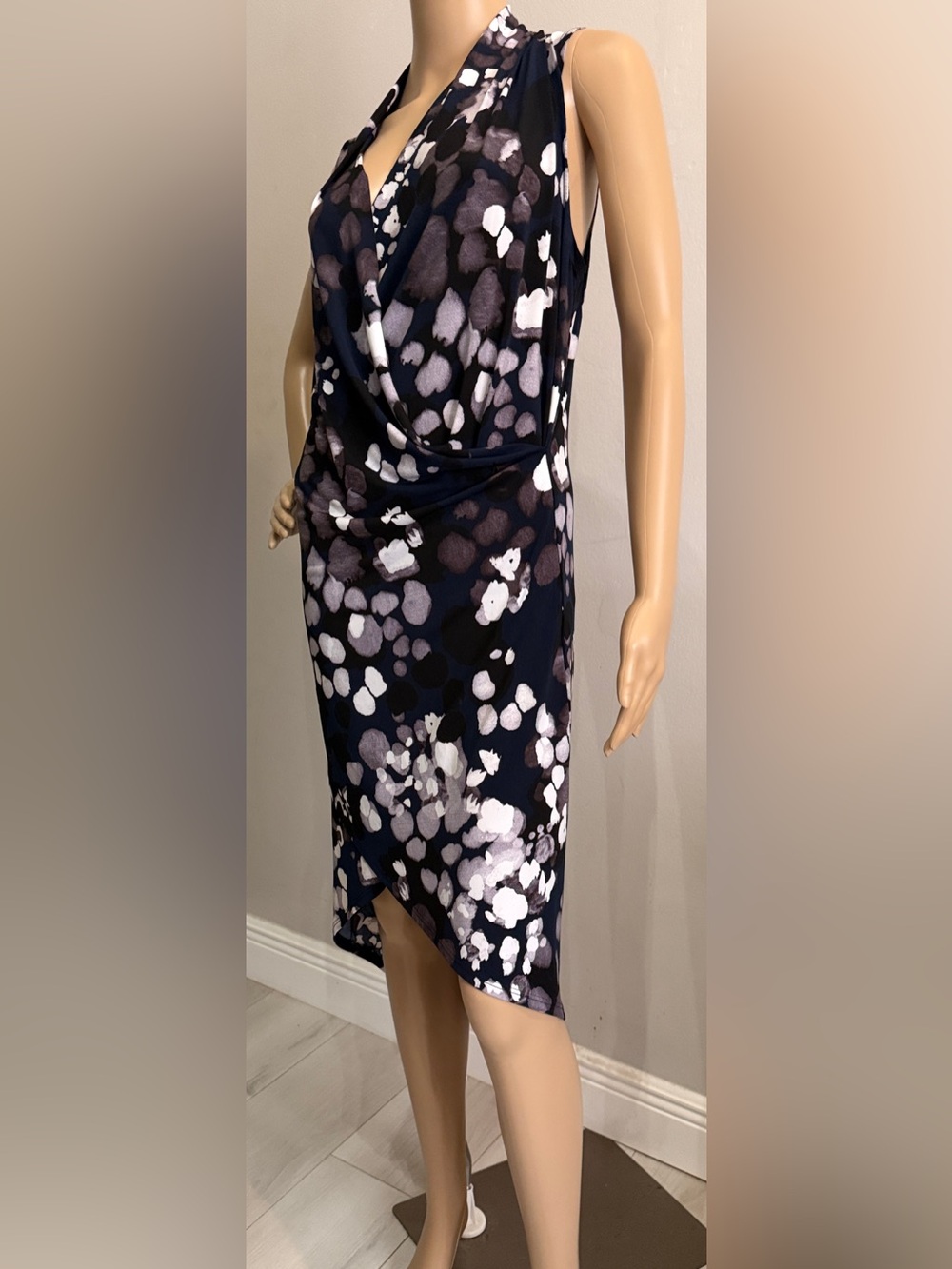 Clara Sun Woo Abstract Print Asymmetrical Draped Dress Medium Navy Purple